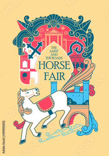Horse fair in medieval town with castle and patron saint poster
