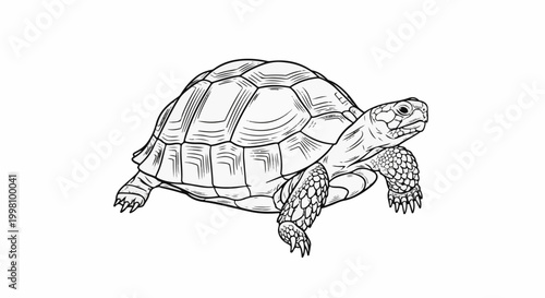 Detailed ink sketch of a terrestrial tortoise in profile, on a white background