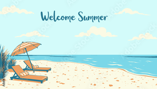 Tranquil Beach Scene with Relaxing Loungers and Parasol Under Clear Blue Skies, Inviting a Serene Summer Getaway by the Ocean