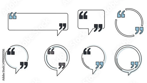 Collection of various speech bubble and quote box shapes with quotation marks for text highlight and communication design.