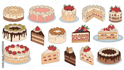 Large collection of illustrated cakes and cake slices decorated with fruits chocolate and cream for bakery and dessert themes.
