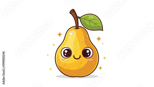 Adorable kawaii pear character with large sparkly eyes and a happy smile surrounded by twinkling stars and a green leaf.