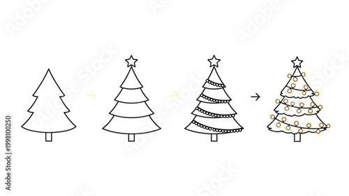 Step by step line art tutorial showing how to draw and decorate a Christmas tree from basic shape to final glowing lights.