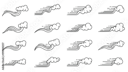 Set of sixteen line art icons depicting movement of smoke wind or fast motion through stylized trail and cloud shapes.
