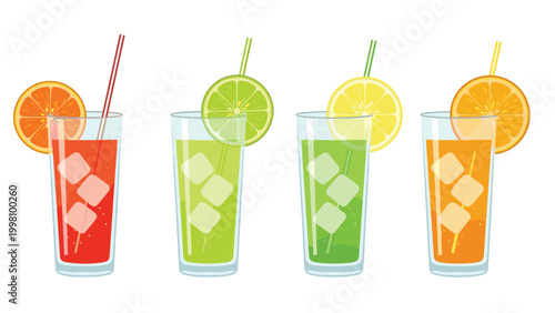 Four glasses of colorful refreshing drinks with ice cubes fruit slices and straws for summer parties and holiday themes.