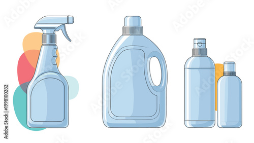 Set of various cleaning product bottles including a spray bottle and jugs in a soft blue color for household chores themes.