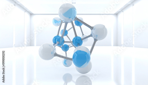 Futuristic 3D molecular model with blue and white spheres in a minimalist lab. Symbolizing innovation, biotechnology, and chemistry, perfect for medical or scientific research projects.