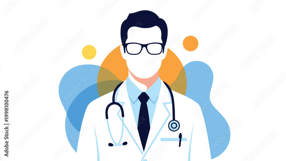 Fototapeta premium Stylized portrait of a male doctor wearing a white lab coat, stethoscope, and glasses against a colorful abstract background.