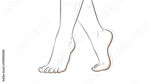 Fine line drawing showing a person's bare feet walking on their toes for concepts related to dance, ballet, or stealth.