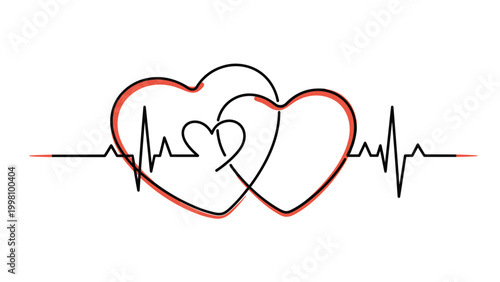 Three interlocking hearts with a red pulse line or EKG heartbeat flowing through them to symbolize love and life connection.