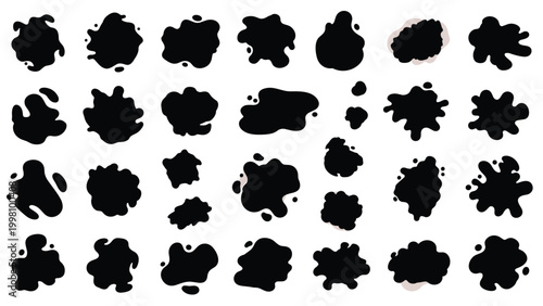 Variety of black ink blots and paint splatters arranged in a grid to provide useful textures or abstract artistic elements.