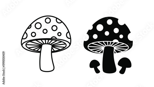 Two spotted toadstool mushrooms with one in outline and one solid black for nature, fairy tale, or environmental themes.