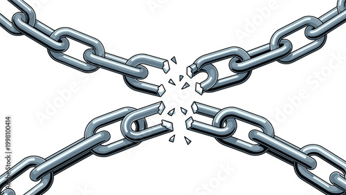 Illustration of several strong metal chain links being broken in the middle to represent freedom, escape, or liberation.