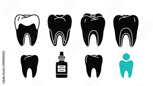 Set of dental health icons featuring various teeth, a medicine bottle, and a patient profile in black and teal colors.