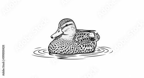 Detailed ink drawing of a duck floating on rippling water