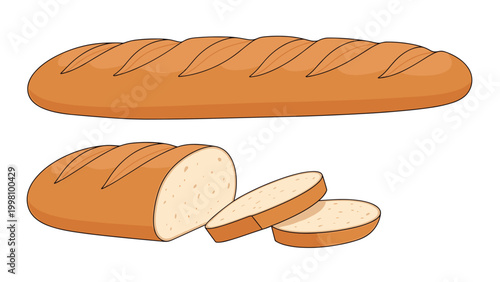 Detailed illustrations of a long French baguette and a sliced loaf of bread showing textures of the crust and soft interior.