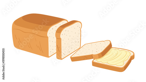 Fresh white bread loaf with several slices and one slice spread with creamy yellow butter isolated on a plain white background.