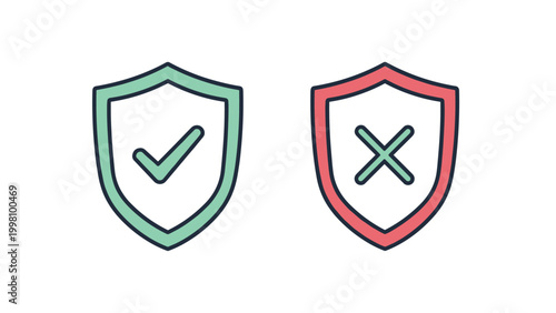 Two shield icons representing security with a green checkmark for safety and a red cross for warning or threat assessment.