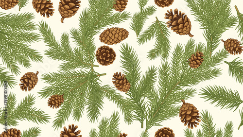 Natural seamless pattern featuring green pine branches and brown pine cones on a light cream background for woodland themes.