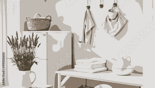 Cozy Minimalist Laundry Room with Lavender and Neatly Folded Linens Featuring White Teapot and Wicker Basket