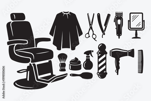 Professional Barber Shop Elements and Hairdressing Tools Silhouette Collection