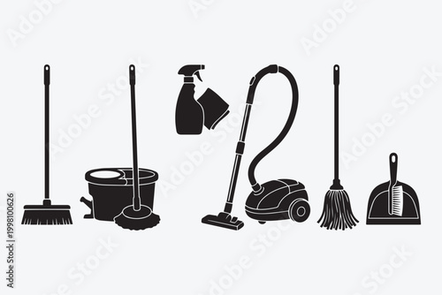 Set of Cleaning Service Equipment Icons Black Silhouette Vector