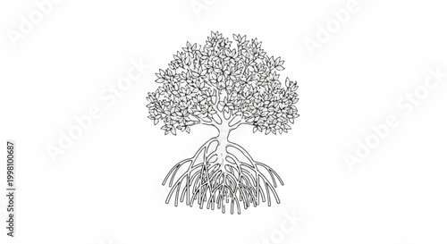 Detailed illustration of a mature mangrove tree with intricate root system
