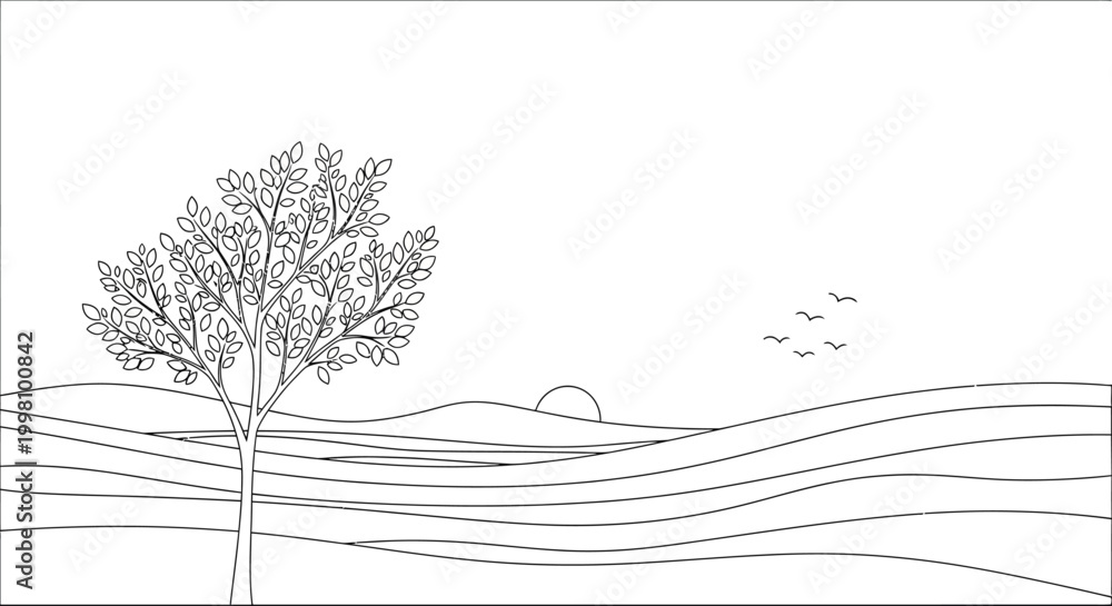 Fototapeta premium A minimalist line art illustration of a serene landscape with rolling hills and a lone tree under a clear sky with birds in flight