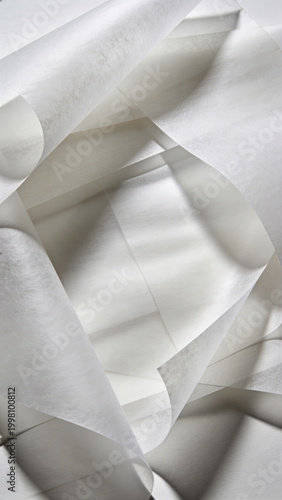Abstract white translucent paper layers with elegant curved edges and soft shadows for minimalist creative design background