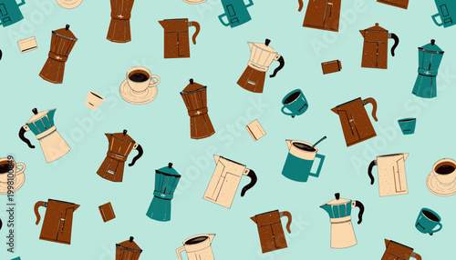 Seamless Pattern of Vintage Coffee Makers and Cups on a Light Blue Background Showcasing Espresso, Moka, and Brewing Tools