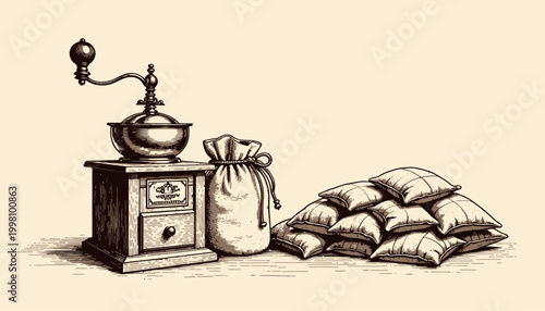 Vintage Coffee Grinder and Sack of Beans Next to Pile of Burlap Bags in Rustic Setting with Retro Style Illustration
