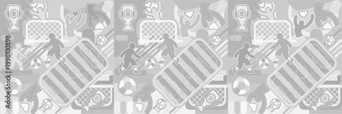 Abstract football 2026 competition monochrome seamless pattern design. Geometric shapes background for soccer 26 tournament. Modern sport vector soccer ball goal players field kids camp sign