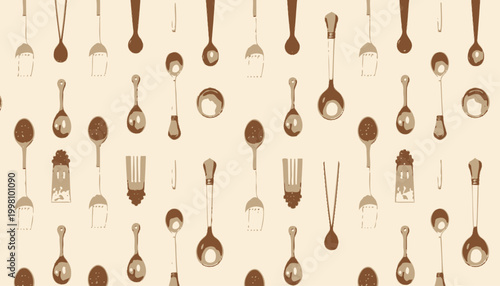 Stylized Arrangement of Various Kitchen Utensils Featuring Forks, Spoons, Ladles, and Plates in Repetitive Pattern on Neutral Background.