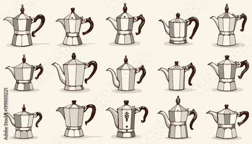 Artistic compilation of various vintage coffee makers with distinct designs and ornate handles, arranged in a neat grid pattern on a neutral background