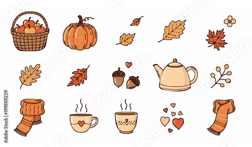 Autumn doodle set vector cozy fall harvest pumpkin apples teapot hand drawn collection