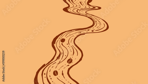 Abstract Artistic Representation of a Fluid Coffee River Flowing Along a Curved Path with Coffee Beans on a Soft Amber Background