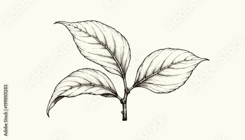 Detailed botanical illustration of a plant stem with three distinctively shaded leaves, capturing the delicate texture and intricate vein patterns of each leaf