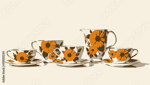 Bright Floral Tea Set with Vibrant Orange Patterns Featuring Bold Flowers Across Elegant Fine China Cups and Saucers, Perfect for Sophisticated Gatherings