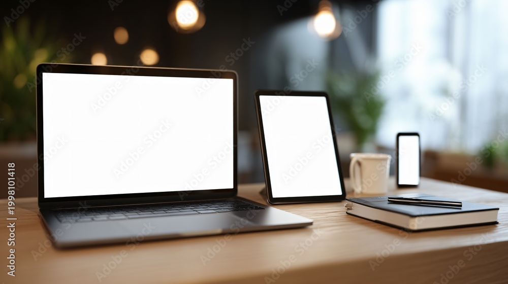 Fototapeta premium Devices for productivity on a wooden office desk setup