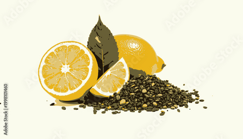 Fresh Yellow Lemons with Green Leaf and a Rustic Pile of Assorted Seeds on a Pristine White Background Perfectly Capturing Citrus and Nature Essence