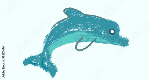 Friendly blue dolphin illustration in textured crayon style. Playful jumping sea mammal character, perfect for children book designs, educational posters and nursery art.