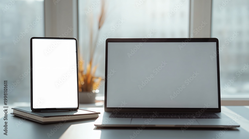 Fototapeta premium Smartphone and laptop computer on desk with blank screens