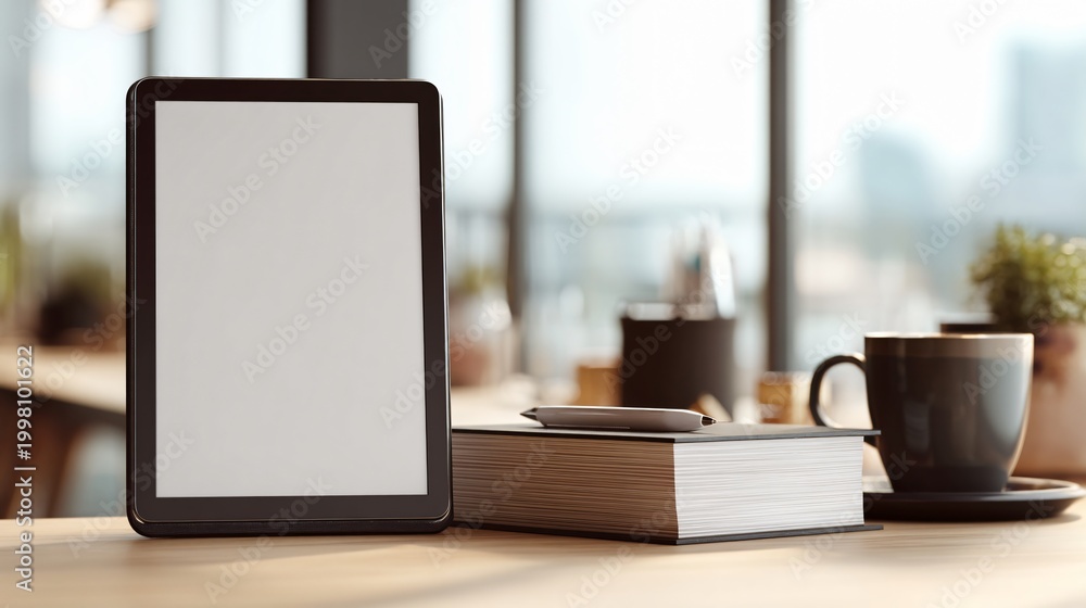 Fototapeta premium E-reader tablet on desk with book and coffee cup