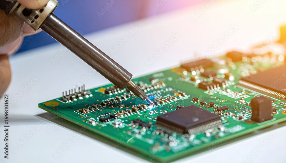 Fototapeta premium Highprecision electronics repair featuring a soldering iron on a green PCB. This technical shot symbolizes innovation, manufacturing excellence, and professional hardware engineering.