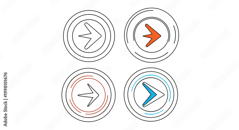 Obraz premium Collection of stylized circular arrow icons pointing right in different vibrant colors and minimalist line art styles.