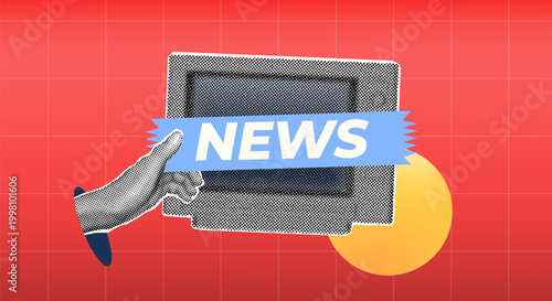 Breaking news headline banner digital concept with halftone collage retro tv media display, hand gesture, online journalism, news platforms, real-time information deliver