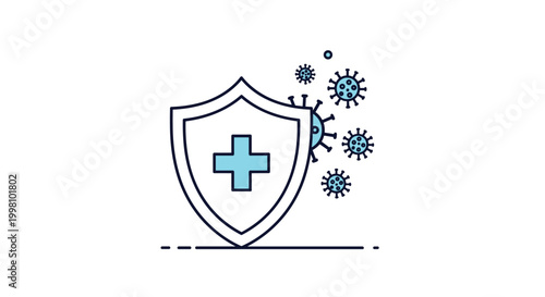 Simple icon of a medical shield with a cross symbol protecting against surrounding virus and bacteria particles.