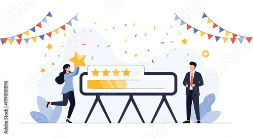 Businesswoman adding a final gold star to a four star rating bar while a professional businessman watches in celebration.