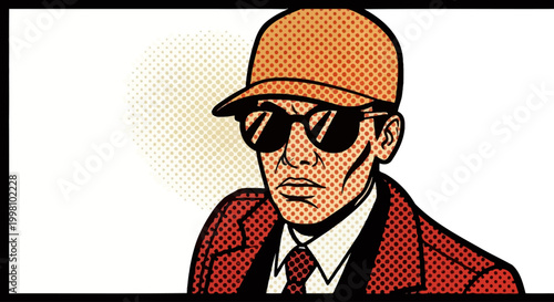Mysterious Man in Sunglasses and Cap Retro Pop Art Illustration of an Undercover Agent or Detective with a Serious Gaze