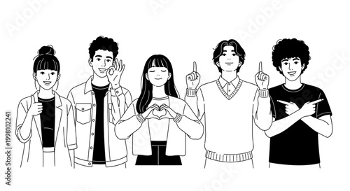 Diverse group of young adults expressing positivity and connection through gestures
